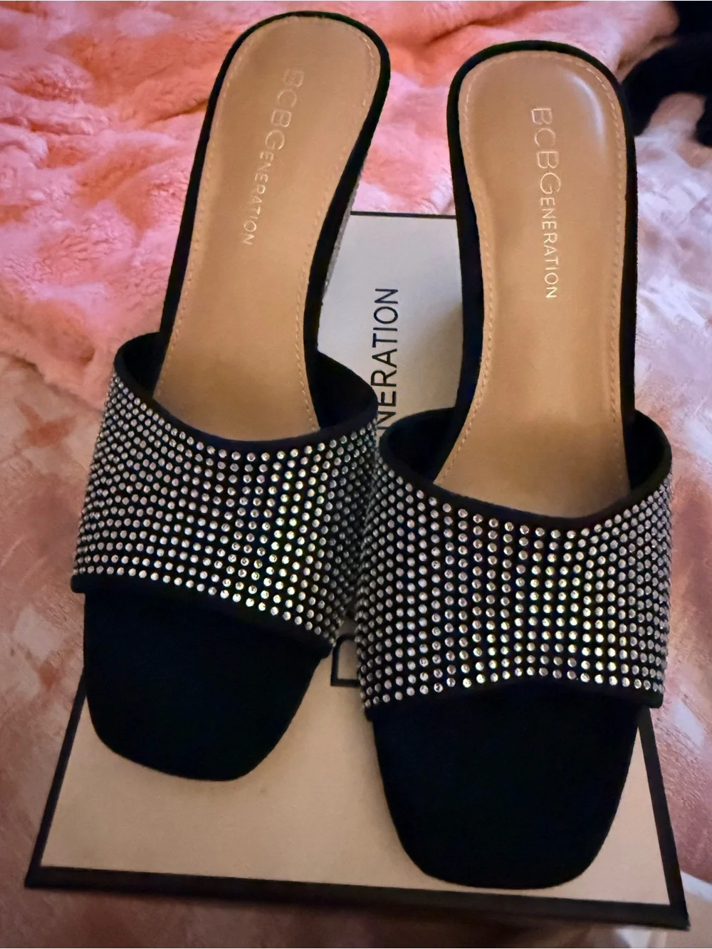 BCBGeneration Black Crystal-Studded Wedge Sandals